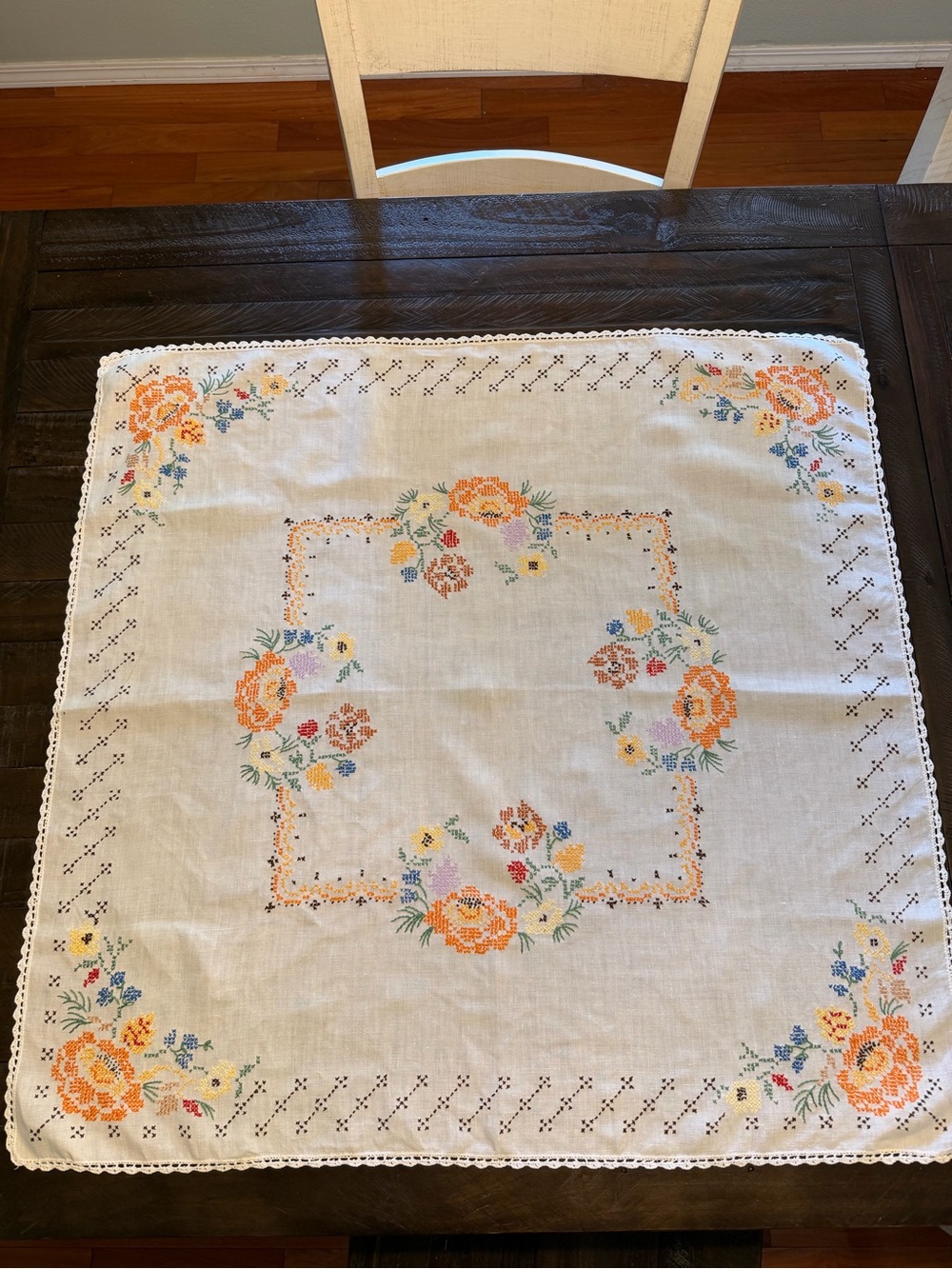Vintage Floral Cottagecore Cross Stitch Square Table Cloth 33x33